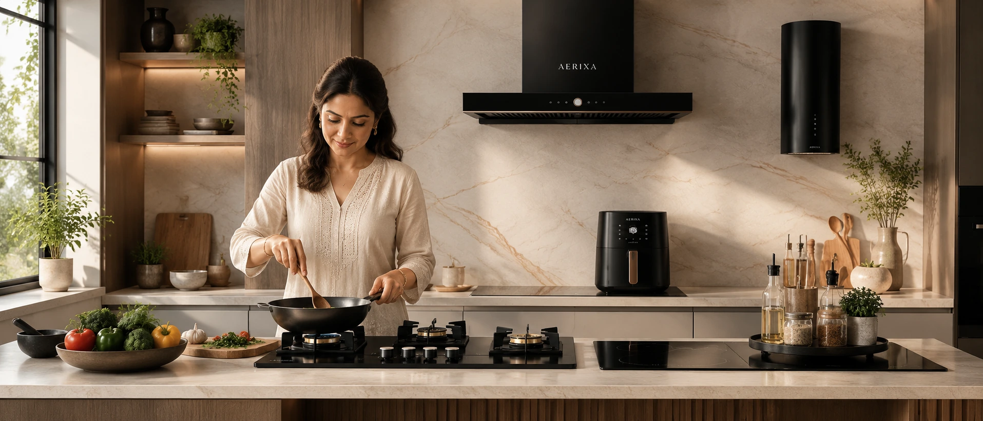 Modern Indian kitchen in use with Aerixa appliances